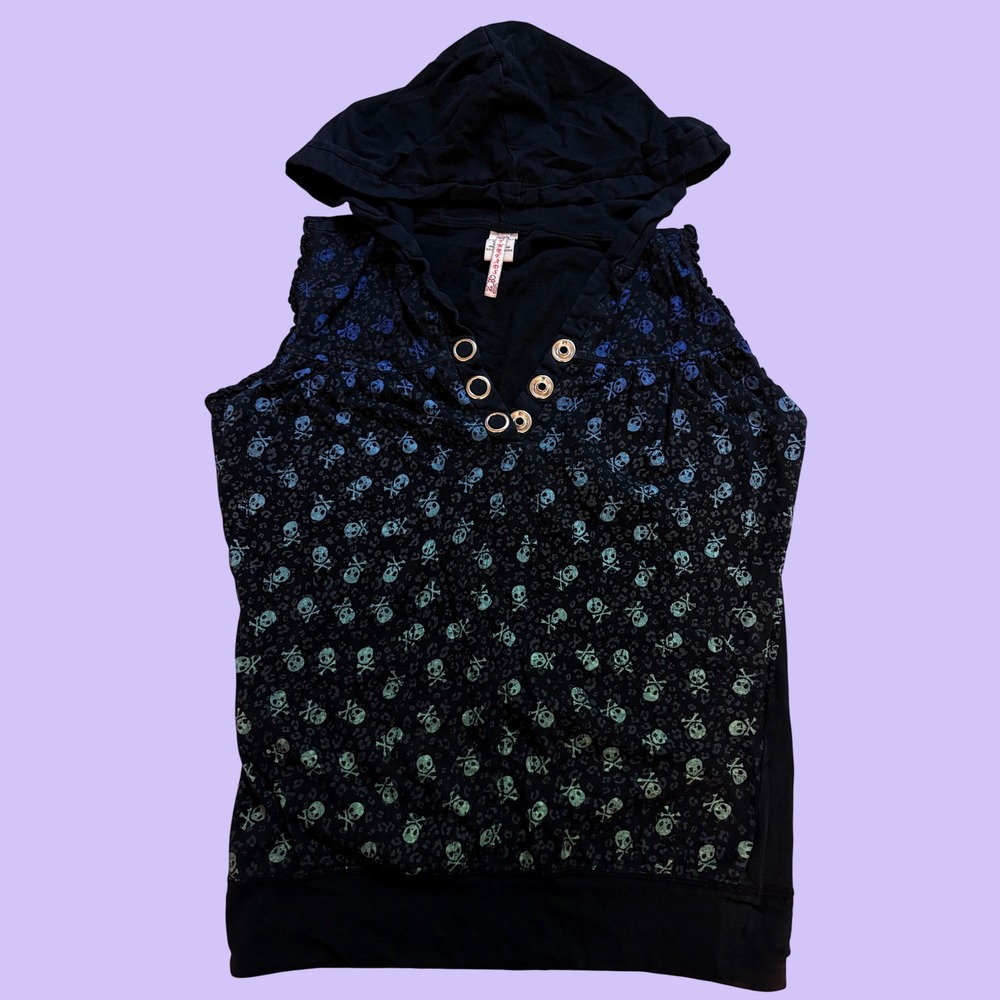 Y2K Threads Black Ombre Skull Leopard Sleeveless Hoodie Top Scene #16